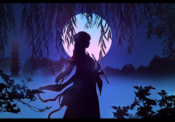 HD-wallpaper-moonlight-luna-manga-black-silhouette-moon-girl-pagoda-anime-pink-blue