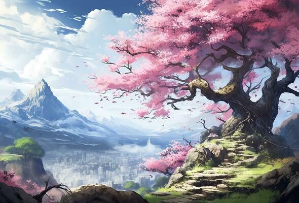 ai-generated-beautiful-fantasy-spring-nature-landscape-and-cherry-blossom-tree-animated-background-in-japanese-anime-watercolor-generative-ai-photo