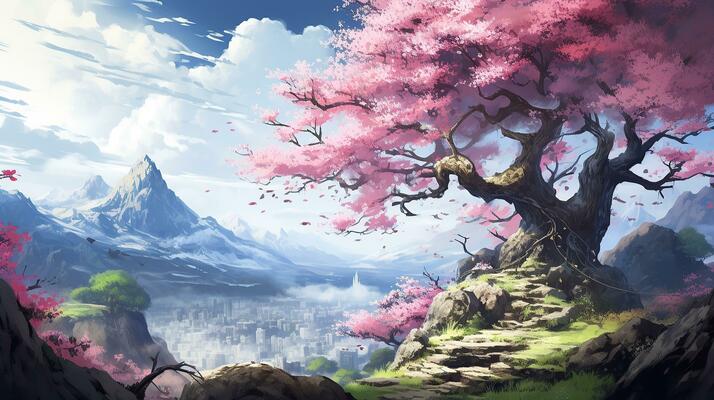 ai-generated-beautiful-fantasy-spring-nature-landscape-and-cherry-blossom-tree-animated-background-in-japanese-anime-watercolor-generative-ai-photo